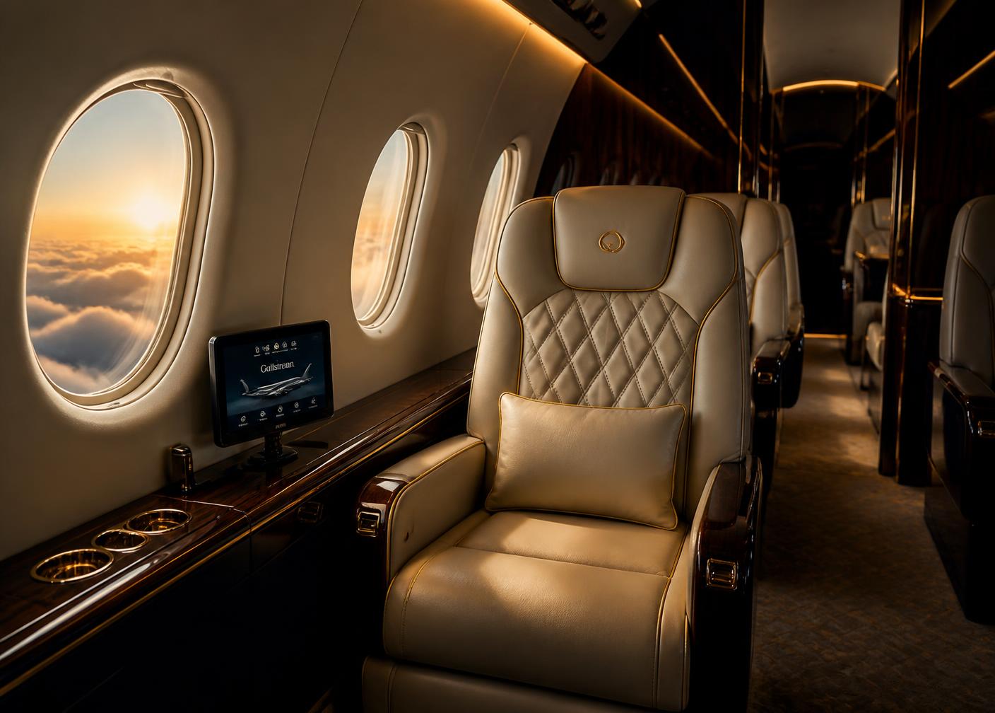 Private jet cabin interior at golden hour