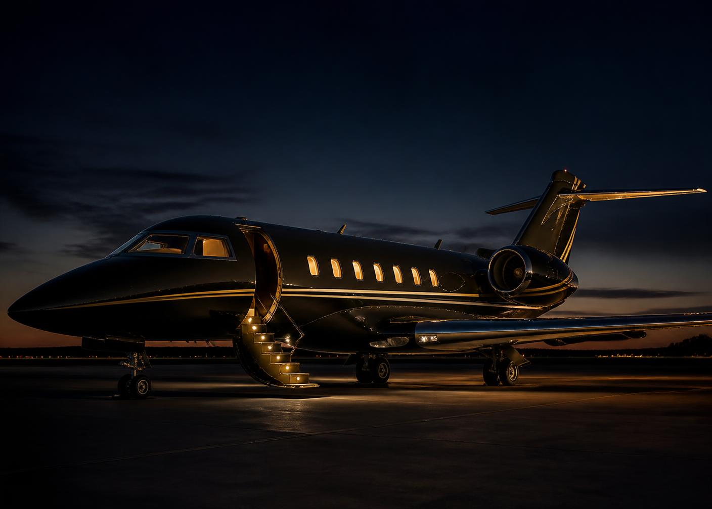 Private jet on the tarmac at dusk
